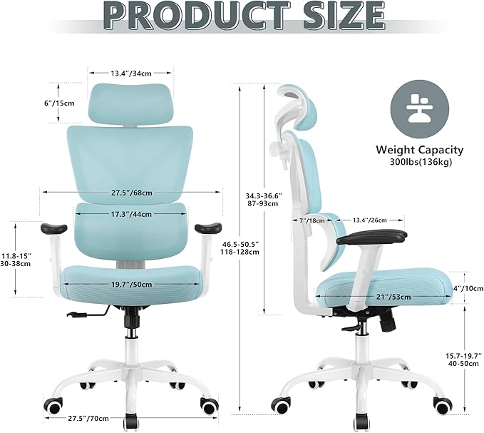 Winrise Big & Tall Ergonomic Reclining Desk Chair - High Back Gaming Chair With Breathable Mesh Seat, Lumbar Support, Adjustable Armrests (Blue)