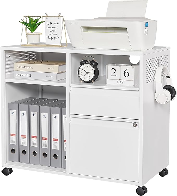 Letaya Mobile File Cabinet, Metal Lateral Rolling Printer Stand Filing Cabinets with Shelves for Home Office-Storage A4/F4/Letter (White)