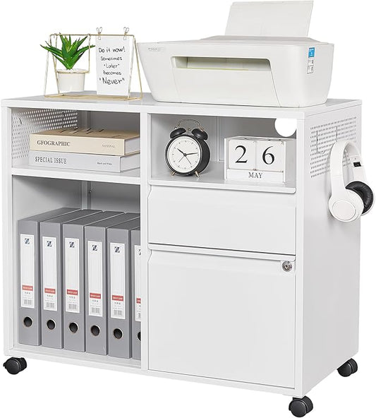 Letaya Mobile File Cabinet, Metal Lateral Rolling Printer Stand Filing Cabinets with Shelves for Home Office-Storage A4/F4/Letter (White)