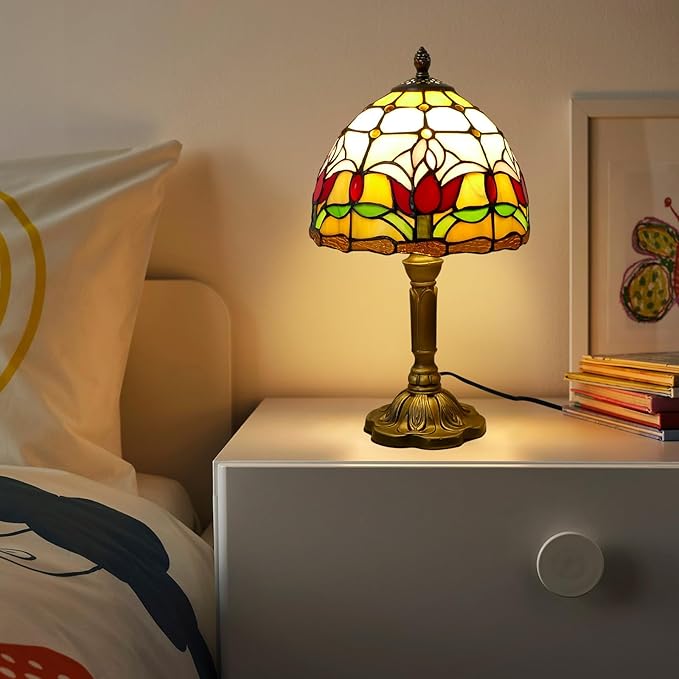 Tiffany Lamp Tulips Flower Stained Glass Table Lamp 8x8x14 Inches Flower Style Desk Reading Light Decor for Beside Bedroom Living Room Home Office with LED Bulb