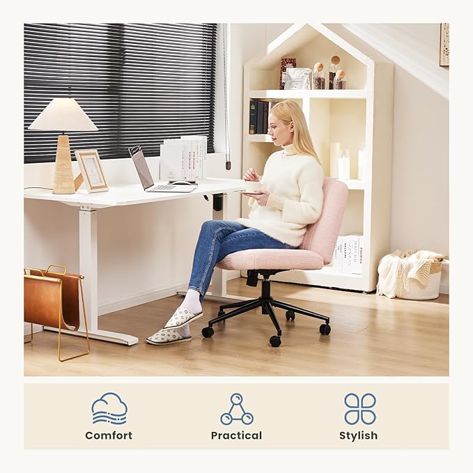 DUMOS Criss Cross Chair with Wheels, Wide Cross Legged Office Desk Vanity Chairs, Armless Adjustable Swivel Chairs for Home Computer Task, Teddy Pink