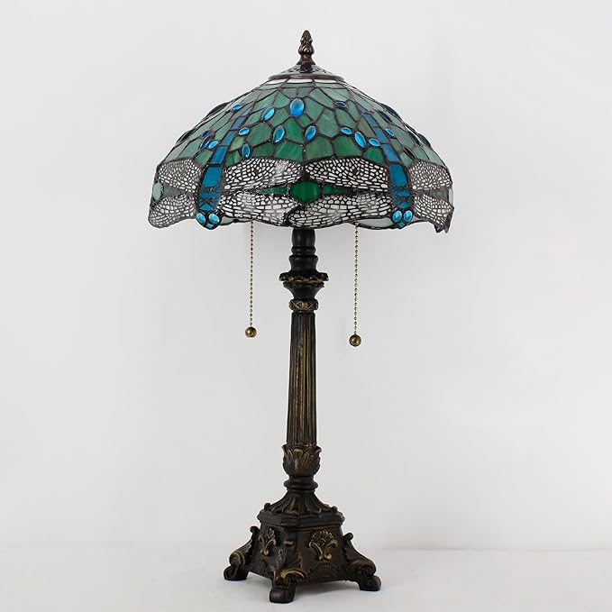 Tiffany Table Lamp Green Stained Glass Desk Lamp 12X12X21 Inches Dragonfly Style Reading Light