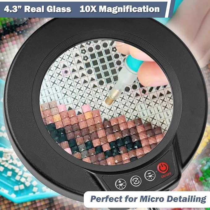 LANCOSC 10X Magnifying Glass with Light and Clamp, 5 Color Modes Stepless Dimmable Lighted Magnifier with Light, Adjustable Swing Arm LED Desk Lamp Hands Free for Close Work Crafts Repair Painting