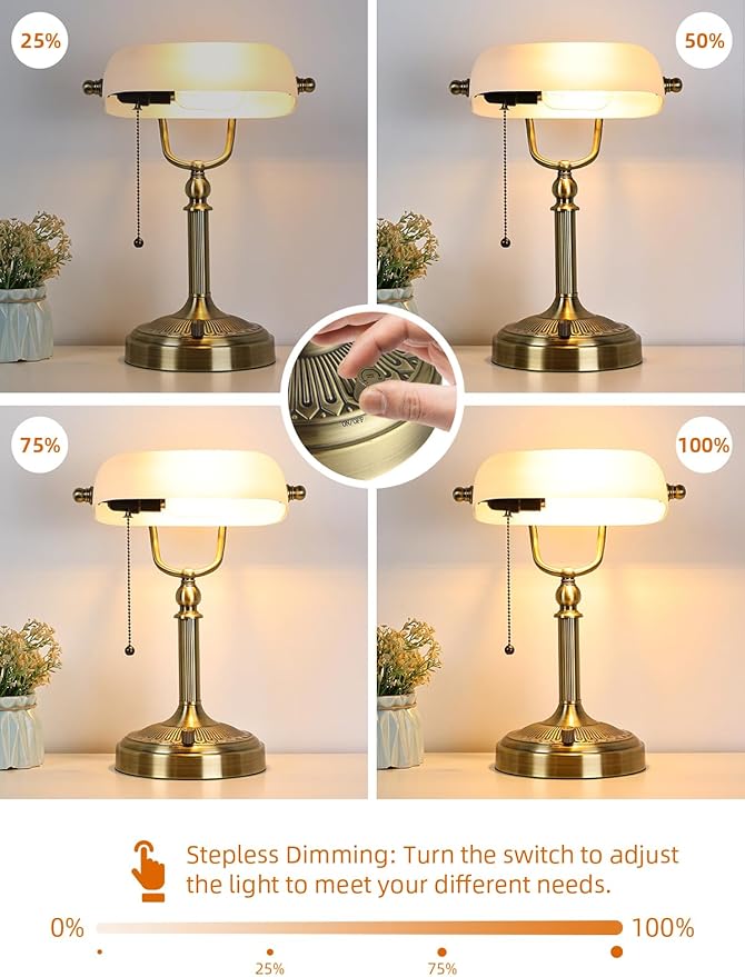 Newrays White Matted Glass Bankers Desk Lamp, Stepless Dimmable Table Lamp Plug in Fixture for Study, Home Office,Library, LED Bulb Included
