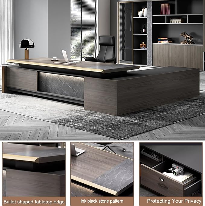 102IN Modern Executive Desk - L-Shaped Executive Desk with Light Strip Design & Multifunctional Locker & Convenient Wire Routing Box & Keyless Combination Lock