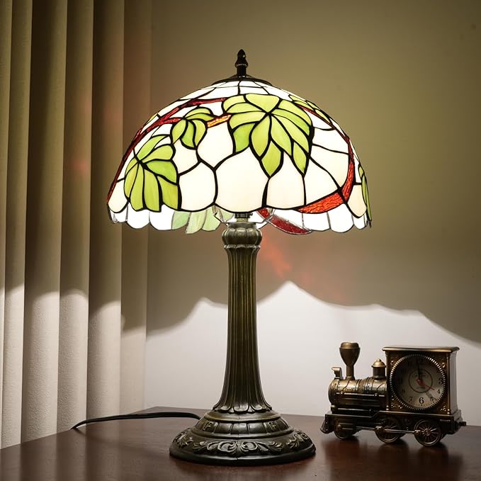 Tiffany Lamp Stained Glass Table Lamp 12 Inch Green Grape Leaf Tiffany Style Vintage Nouveau Lamp For Bedroom Living Room Study Coffee Shop Hotel Nightstand Desk Retro Light Home Decor Art Piece Gift