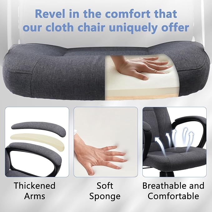 CLATINA Grey Cloth Breathable Fabric Office Desk Chair, Adjustable Height Mid Back Support Swivel Chairs Ergonomic with Arms and Wheels Comfortable Upholstered,300 LBS,Set of 2