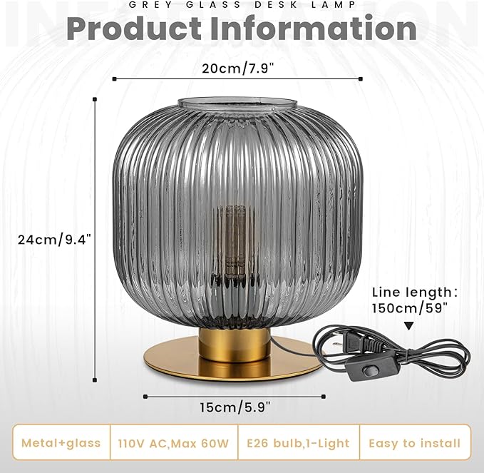 Gray Table Lamps Modern Table Lamp Smoky Glass Lamp Small Bedside Lamp Mid Century Living Room Globe Table Lamp Vintage Bedside Gold Lamp for Bedroom Nightstand
