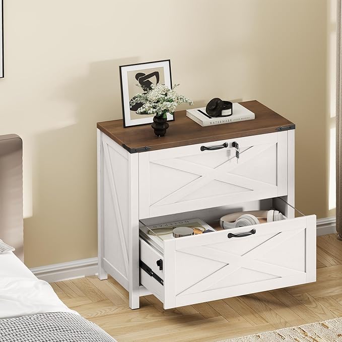 2 Drawer File Cabinet with Lock, Farmhouse Lateral Filing Cabinet Fits Letter/A4/F4/Legal Size, Wooden File Cabinets Printer Stand for Home Office, White