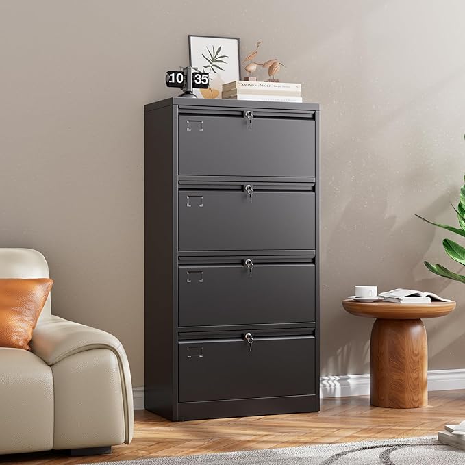 METAN Upgrade Metal 4 Drawer Lateral Files Cabinet for Home Office, Lockable Steel Wide File Storage Cabinet for Hanging Legal/Letter A4 Size, Assembly Required,Black