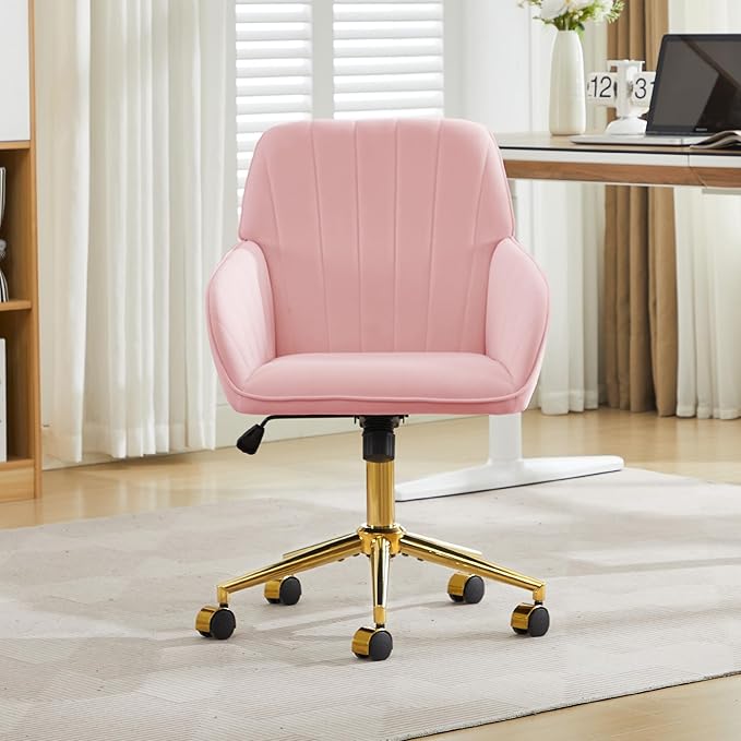 YISHENG Velvet Office Desk Chair with Gold Base, with Wheels,Modern Height Adjustable 360 Degree Swivel Upholstered Vanity Chairs with Arms for Living Room Bedroom,Pink
