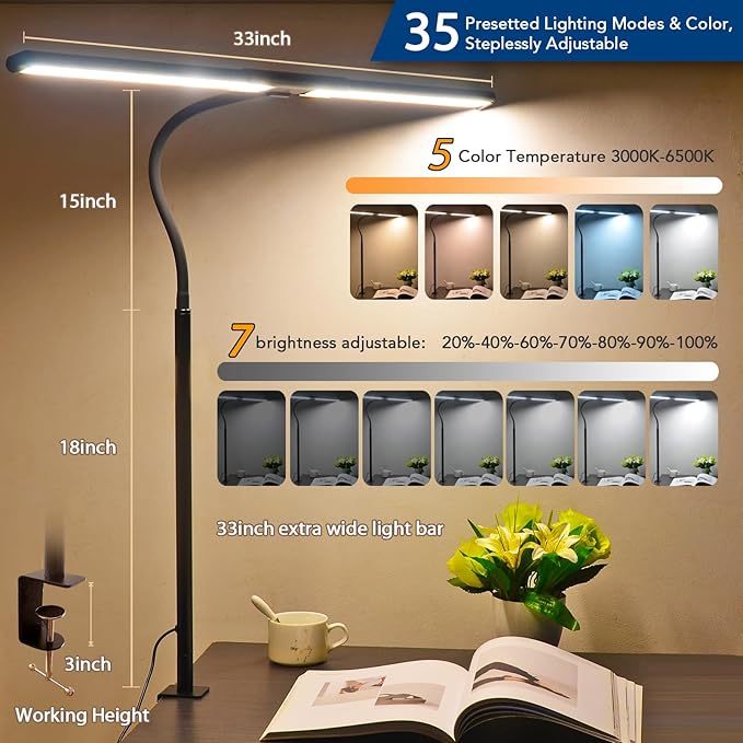 LED Desk Lamp for Office Home, an Eye-Protecting Architect's Work Light with Clips,33 inches, 24W,Ultra-Bright 1336 lumens,Adjustable lightTableOffice Desk lamp
