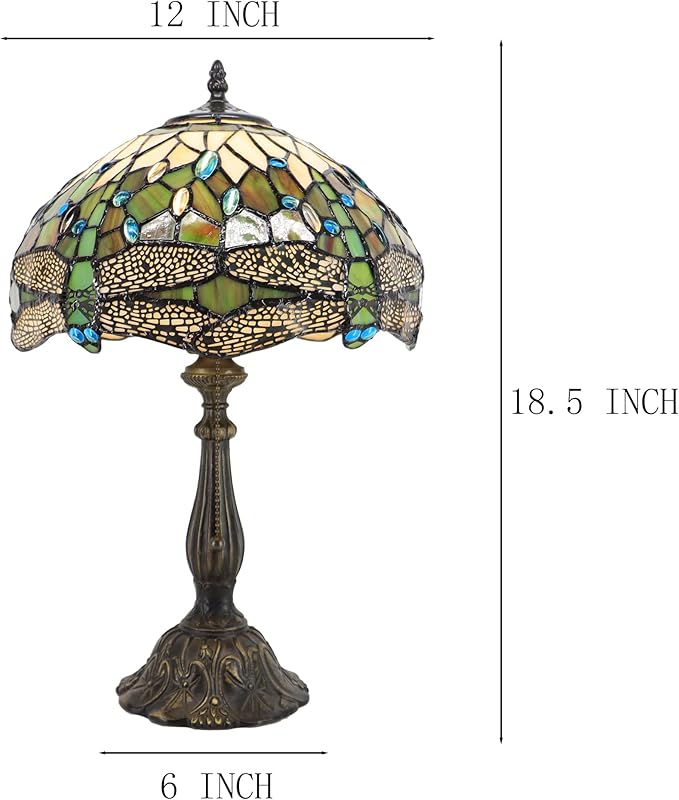 Tiffany Lamps White Brown Dragonfly Style Stained Glass Table Lamp Desk Bedside Reading Light 12X12X18.5 Inches with Bronze Resin Base Applicable to Bedroom Living Room Office