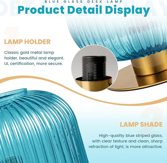 Side Table Lamp for Living Room, Coastal Table Lamps Blue Desk Lamp with Ribbed Glass Globe, Mid Century Modern Gold Bedside Lamp Bedroom Small Nightstand Lamp End Table Lamp