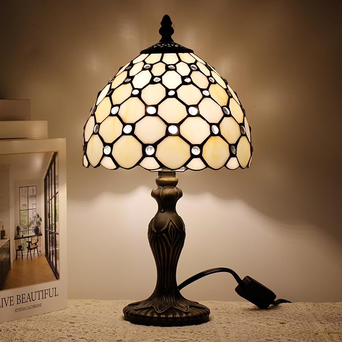 Small Tiffany Lamp Stained Glass Table Lamp Mini Desk Accent Light for Bedroom Bedside Reading Home Antique Style Decor 8X15 Inches (White Yellow)