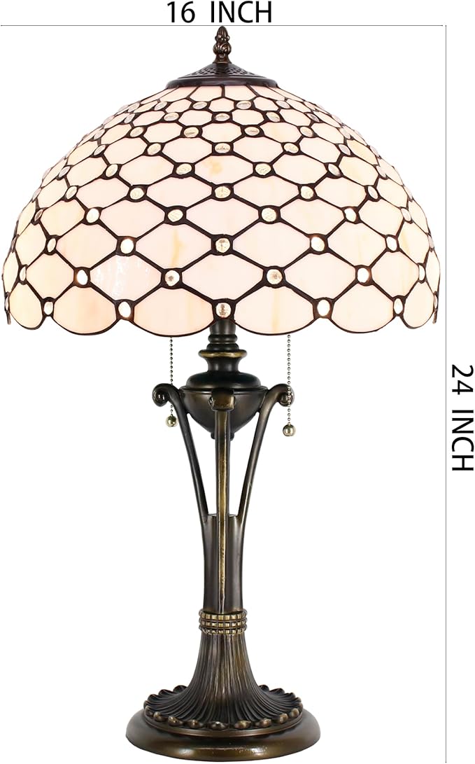 Tiffany Table Lamp Cream Amber Bead Stained Glass Desk Lamp 16X16X24 Inches Reading Light