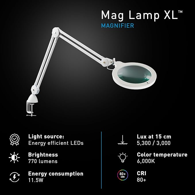 Magnifying Lamp XL - Clip On Magnifier Lamp for Nail Salons, Tattoo Artists, Reading & Detailed Work - Dimmable Mag Lamp