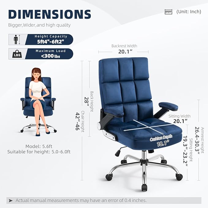 SEATZONE High Back Office Chair,Ergonomic Executive Desk Chair with Wheels,Comfy Velvet Computer Chair for Home Office,Navy Blue