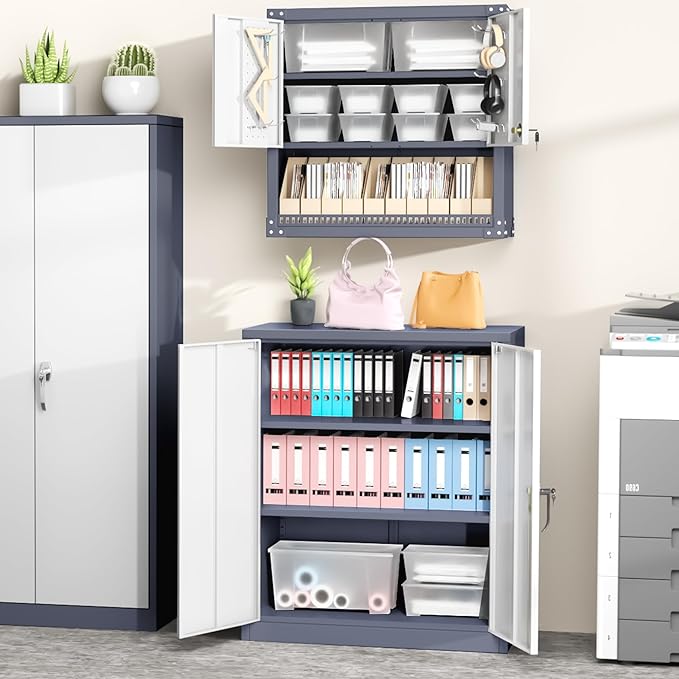 Greenvelly Metal Cabinet, 36" Locking Storage File Cabinet with Doors and Shelves for Office,Home,Gym,School,Kitchen(Grey White)