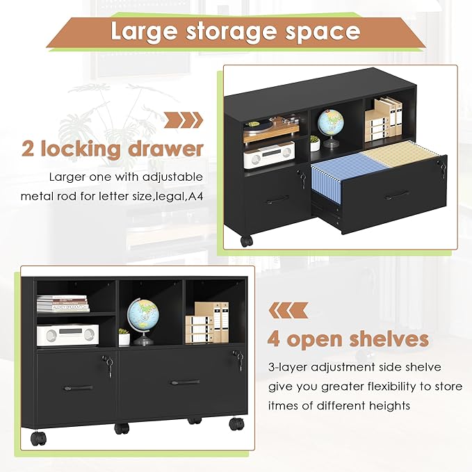 Semoic 2 Drawer Wood Lateral File Cabinet with Lock, Lockable Rolling Filing Cabinet with Adjustable Storage Shelves, Printer Stand Office Storage Cabinet for Home Office Fits Files Legal/A4, Black