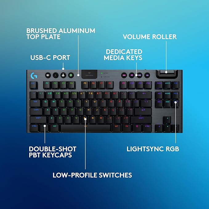 Logitech G915 X Lightspeed TKL Wireless Mechanical Gaming Keyboard, Double-Shot PBT Keycaps, Fully Programmable Keys, RGB Backlit Mac/PC Gaming Keyboards, Aluminum Finish, GL Clicky Switches, Black