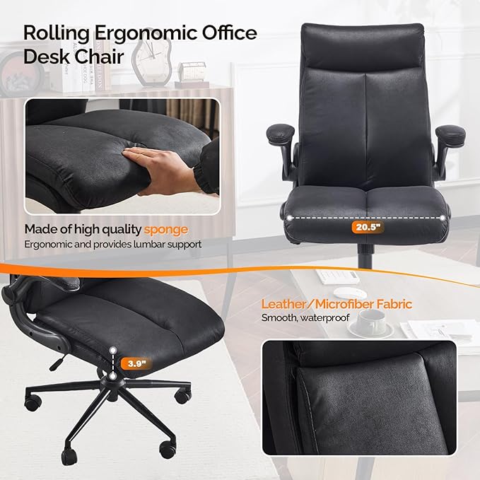 VINGLI Rolling Ergonomic Office Desk Chair with Padded Flip-up Arms, 360° Swivel High Back Executive Computer Task Chair with Wheels for Game,Home Small Space, Study Room, Reading Room,Pu Black