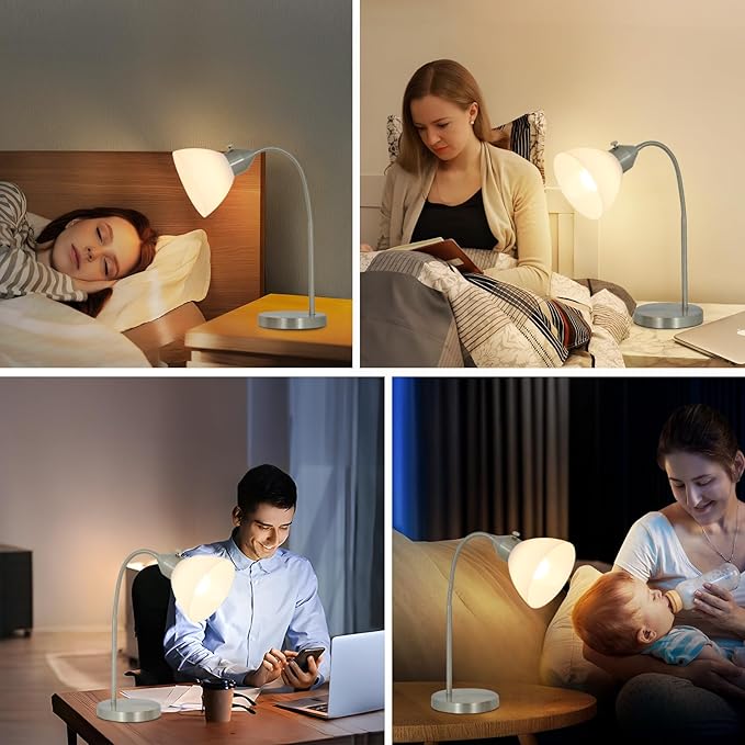 LED Desk Lamp for Home Office, 3 Levels Dimmable Reading Light, Flexible Gooseneck Table Lamp for Bedside Office, Rotary Switch Control, Desk Lamp for College Dorm Study Lamp, Bulb Included, Sliver