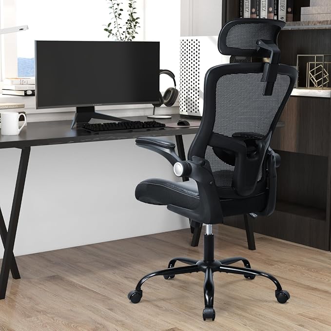 Ergonomic Office Chair,High Back Mesh Desk Chair with Adjustable Lumbar Support & Headrest Home Office Computer Swivel Executive Task Chair with Flip-Up Armrests (Dark Black)