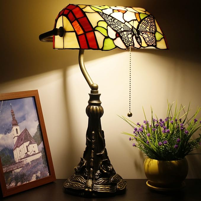 Tiffany Banker Lamp Small Stained Glass Table Lamp Tiffany Style Piano Light Desk Lamp Angle Adjustable 10.6X15.7 Inch for Home Office Living Room Bedroom (Butterfly in Flower Style)