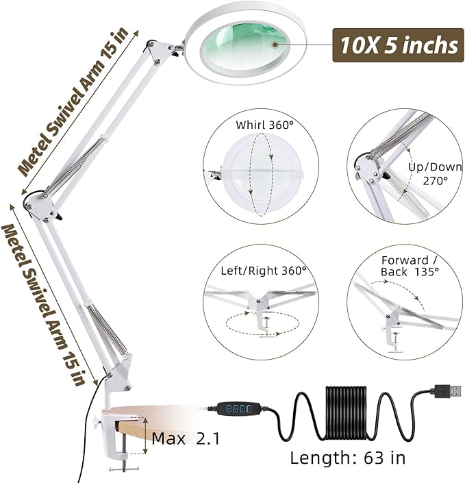 LANCOSC Magnifying Glass with Light and Stand, 5 Inches 10X Real Glass Lens, 3 Color Modes Stepless Dimmable LED Desk Lamp, Adjustable Arm Magnifier Light for Reading Repair Crafts Close Work - White