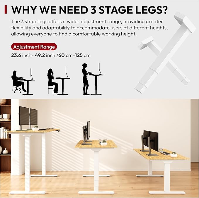 SANODESK 55 Inch 3 Stage Bamboo Electric Standing Desk, Dual Motor Height Adjustable Desk, Whole-Piece Desktop Sit to Stand Home Office Desk (White Frame/ 55” x 28” Natural Bamboo Top)