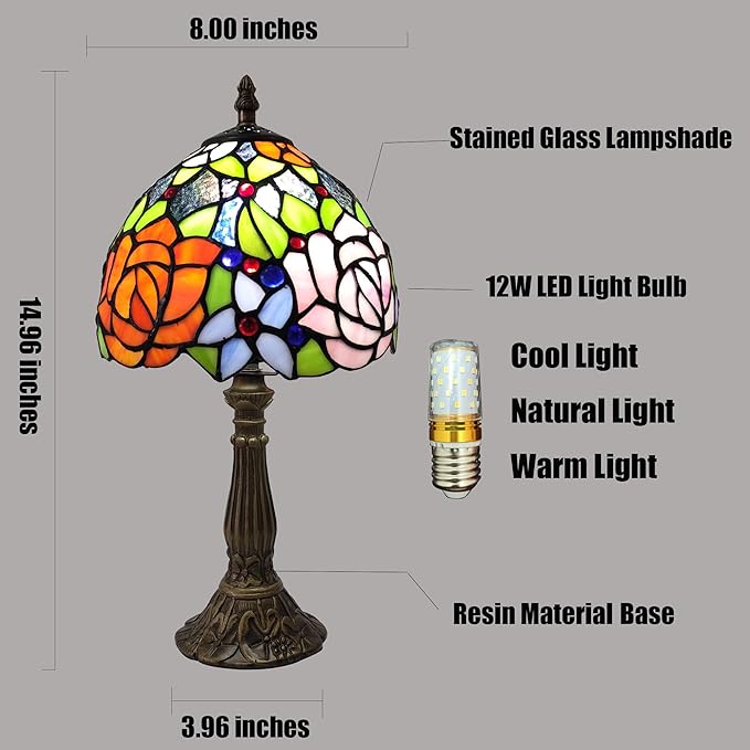 Small Tiffany Table Lamp 8 Inch Tiffany Style Desk Lamp Stained Glass Antique Light Decoration Bedroom Bedside Lamp Retro Reading Lamps (Yellow Pink Roses Style)