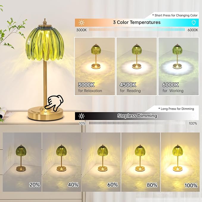 Set of 2 Cordless Table Lamp with 5000mAh Battery & Touch Control - 3 Adjustable Color Temperatures, Dimmable RechargeableTable Lamps for Bedroom, Office Desk, Nightstand (Green Tulip)