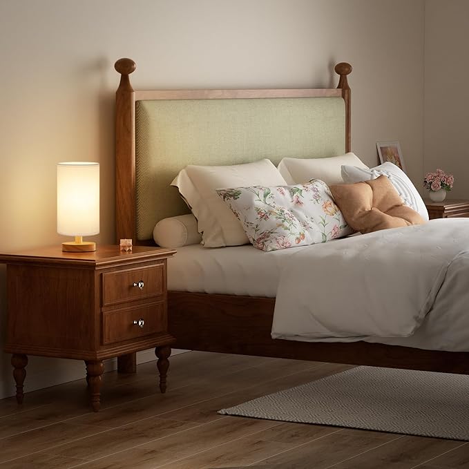 Small Table Lamp for Bedroom - Inline Control, Bedside Lamp with 3000K A15 LED Blub, Easy Assembly (White Shade - Wood Base, 9" Inline Control)