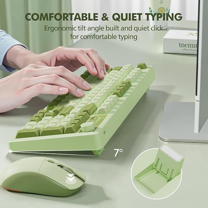 Wireless Keyboard and Mouse Combo Creamy with Number Pad for Desktop Mac iPad Bluetooth/2.4ghz/Wired Rechargeable Light up RGB Quiet Compatible with PC Laptop Tablet (Green)