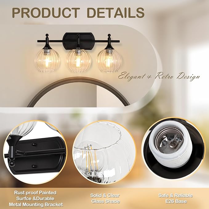 Matte Black Bathroom Vanity Light 3-Light Vanity Lights for Bathroom 10%-100% Dim(Night/Makeup Mode) Warm to Cool Light Switch Fog-Proof & Crystal Shade 20'' Wall Sconce