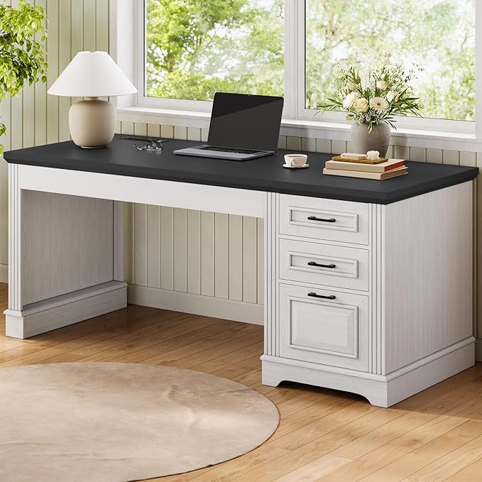 Itaar Farmhouse 55" Executive Desk, Computer Desk with Storage Drawers and Power Outlet, Home Office Desk, Workstation for Office Home, White