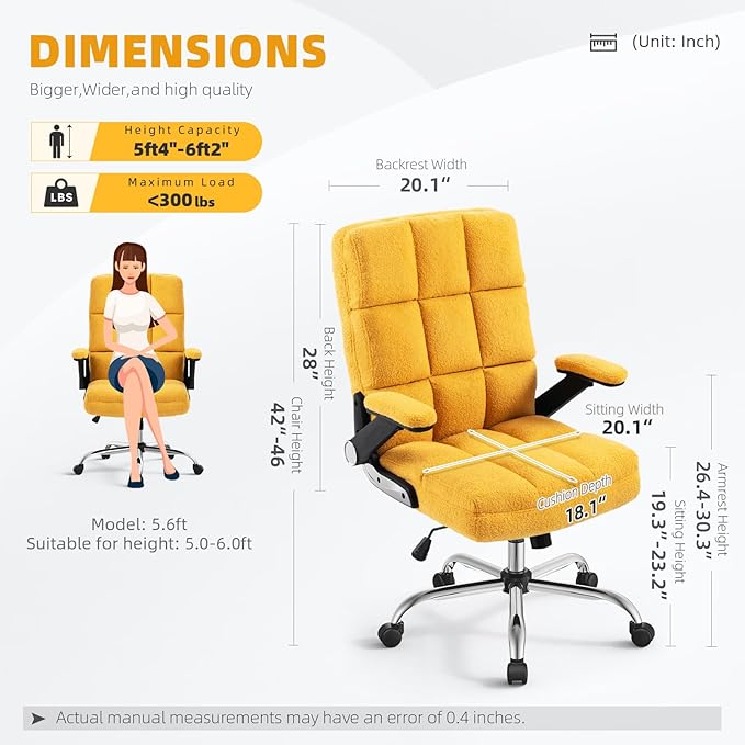 SEATZONE High Back Office Chair Ergonomic Computer Desk Chair Back Support Comfy Desk Chairs with Wheels and Flip-up Armrest for Home Office Desk,Yellow