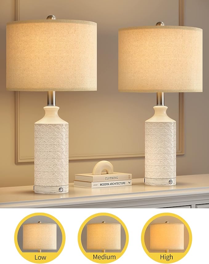 PoKat 24" Farmhouse Table lamp for Nightstands Set of 2 for Living Room, White Bedroom Bedside Lamp for Living Room, Ceramic Bedside Nightstand End Table Lamps, White