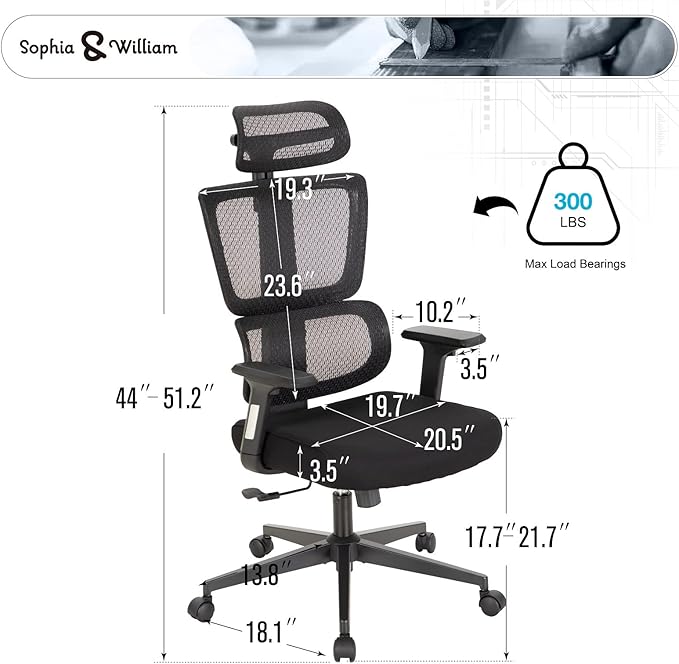 Sophia & William Ergonomic 3D Mesh Office Desk Chair High Back, 360° Swivel Rocking Executive Computer Chair with Height Adjustable Armrests, Lumbar Support and Headrest, Black, Load Capacity: 300 lbs
