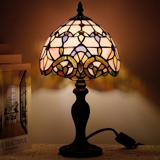 Small Tiffany Lamp Stained Glass Table Lamp Mini Desk Accent Light for Bedroom Bedside Reading Home Antique Style Decor 8X15 Inches (Pink Baroque)