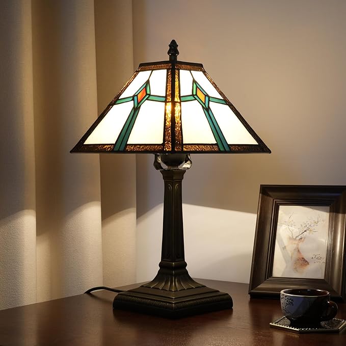Tiffany Style Table Lamp Mission Design Stained Glass Lamp Vintage Handmade Nightstand Lamp with LED Bulbs Included for Home Living Room Bedroom Office