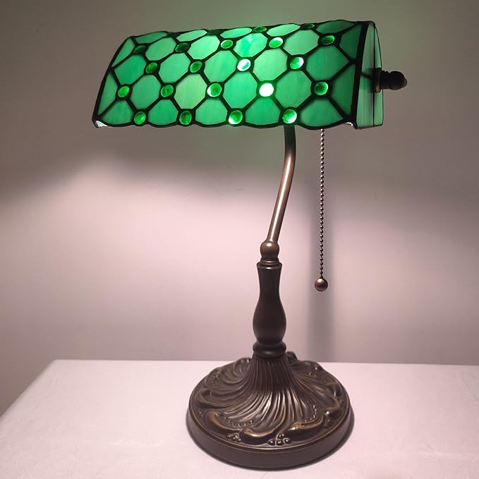 Small Tiffany Style Banker Table Lamp Small Stained Glass Piano Desk Lamp Vintage Bedside Lamp for Home Living Room Office (Green Pearls Style)