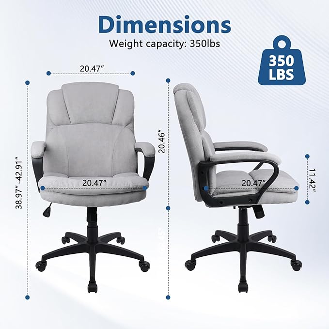 CLATINA Grey Cloth Office Chair Fabric Covered Desk Chair, Adjustable Height Swivel Chairs Ergonomic Executive Chair with Arms and Wheels Comfortable Upholstered, 350 LBS