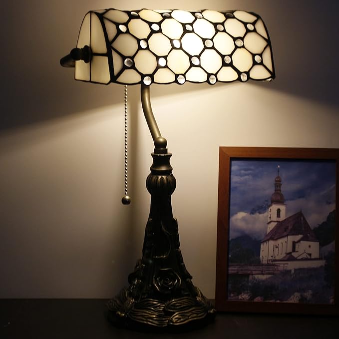 Tiffany Banker Lamp Small Stained Glass Table Lamp Tiffany Style Piano Light White Crystal Pearl Bead Style Desk Lamp Angle Adjustable 10.6X15.7 Inch for Home Office Living Room Bedroom