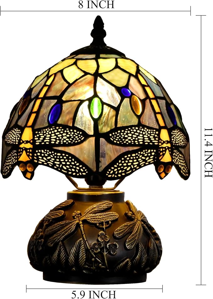 Small Tiffany Lamp Mini Stained Glass Table Lamp Brown Yellow Dragonfly Style Mushroom Desk Light Memory Sympathy Lamp 8X11 Inch
