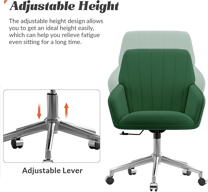 YISHENG Velvet Office Desk Chair with Silver Base, with Wheels,Modern Height Adjustable 360 Degree Swivel Upholstered Vanity Chairs with Arms for Living Room Bedroom,Green