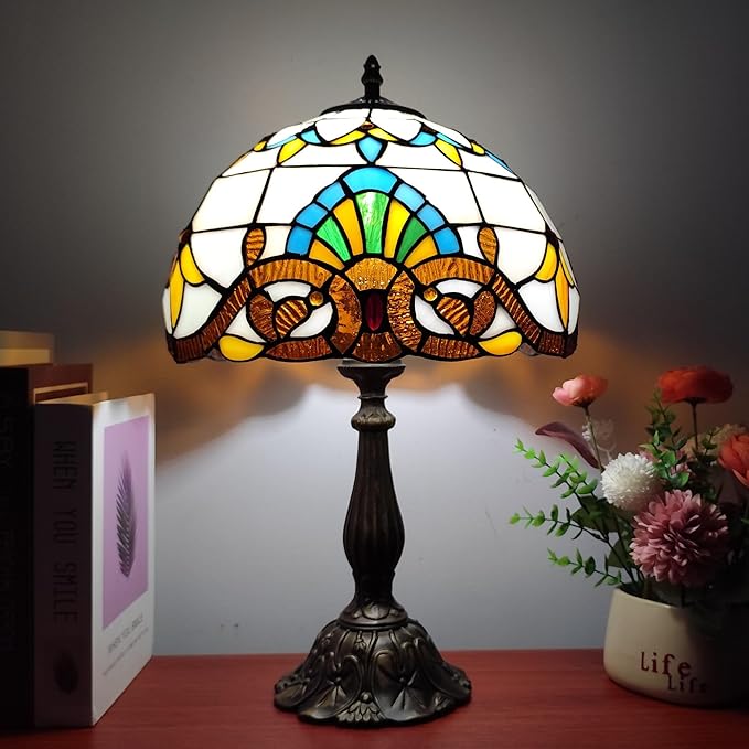Tiffany Table Lamp 12X12X19 Inch Yellow Baroque Style Stained Glass Lamp Antique Bedside Desk Reading Light for Bedroom Living Room Home Office Include 3-Color LED Bulb