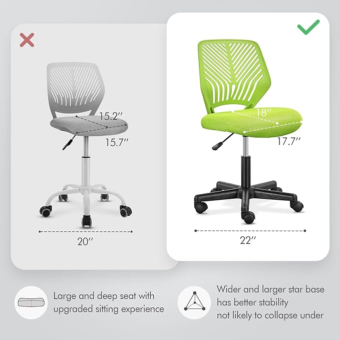 Yaheetech Kids Cute Desk Chair Armless Small Computer Chair with Lumbar Support for Teens Low-Back Bedroom School, Green