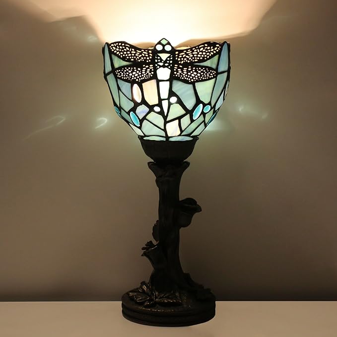 Small Tiffany Lamp Mini Stained Glass Table Lamp Blue Dragonfly Accent Desk Uplight W6 H13.5 Inch Bronze Resin Base
